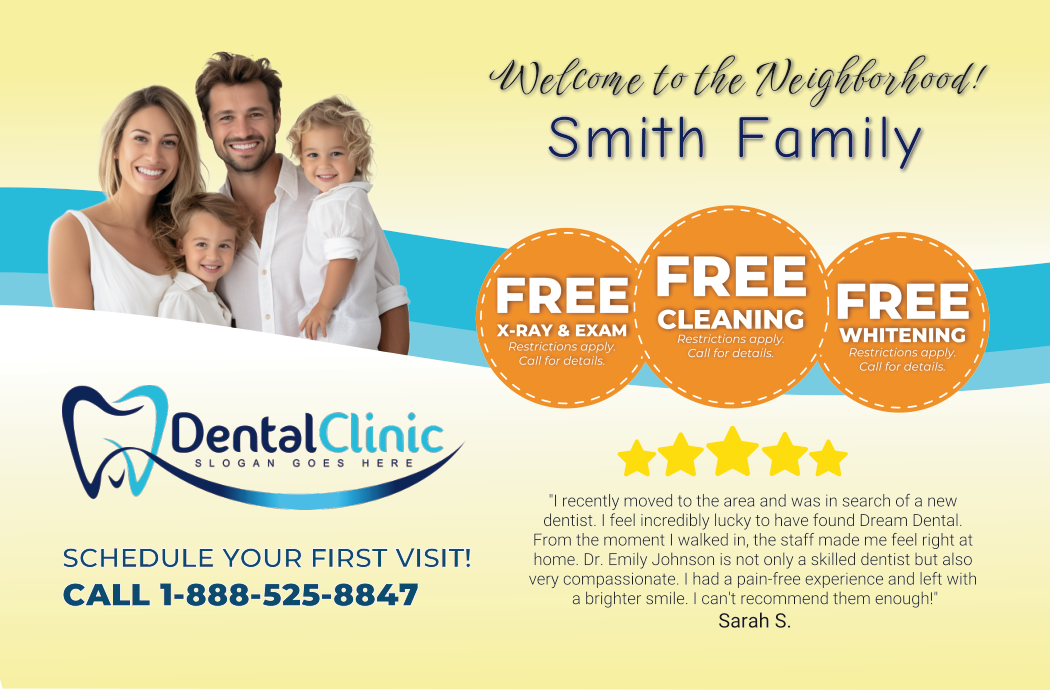 DentalClinic new mover welcome postcard with three circular offers